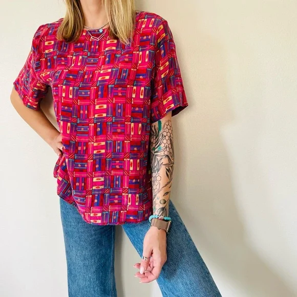 Vintage QUO-SILK Contrast abstract boho Top t-Shirt 100%silk - Picture 3 of 8